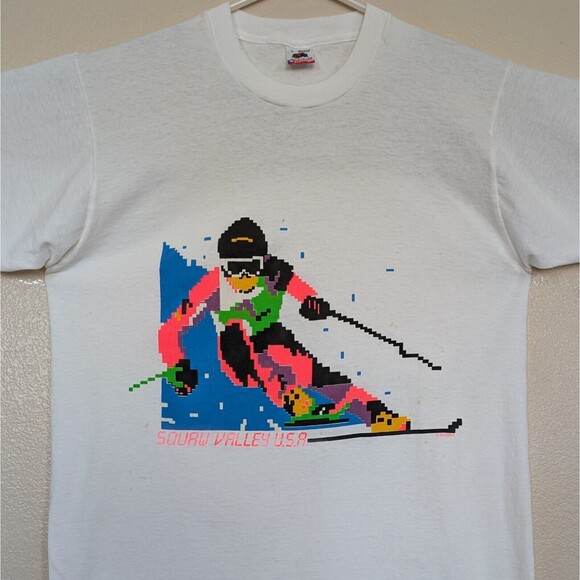 Vtg Squaw Valley USA Ski Large T-Shirt Lake Tahoe 8 Bit Graphic Single Stitch - Picture 1 of 8